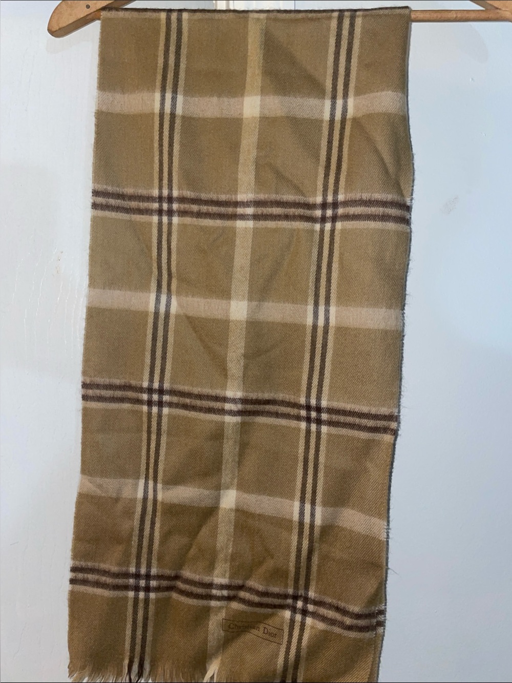 Vintage Christian Dior Scarf Made In Japan 100% Merino Wool Beige & Brown Plaid